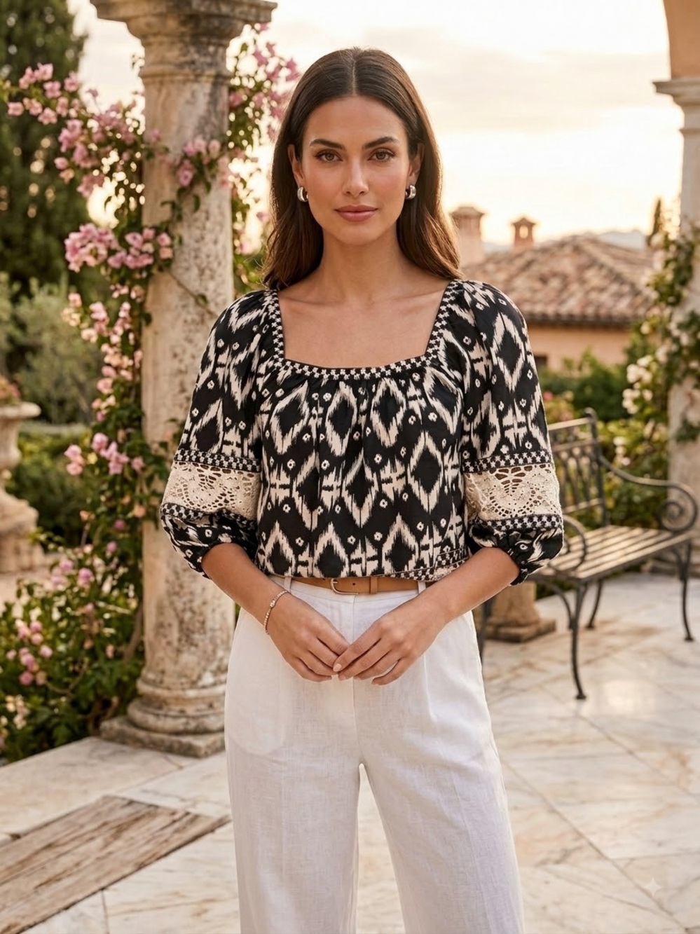 New Christian Siriano Boho Southwestern Beachy Linen Blend Crochet Top